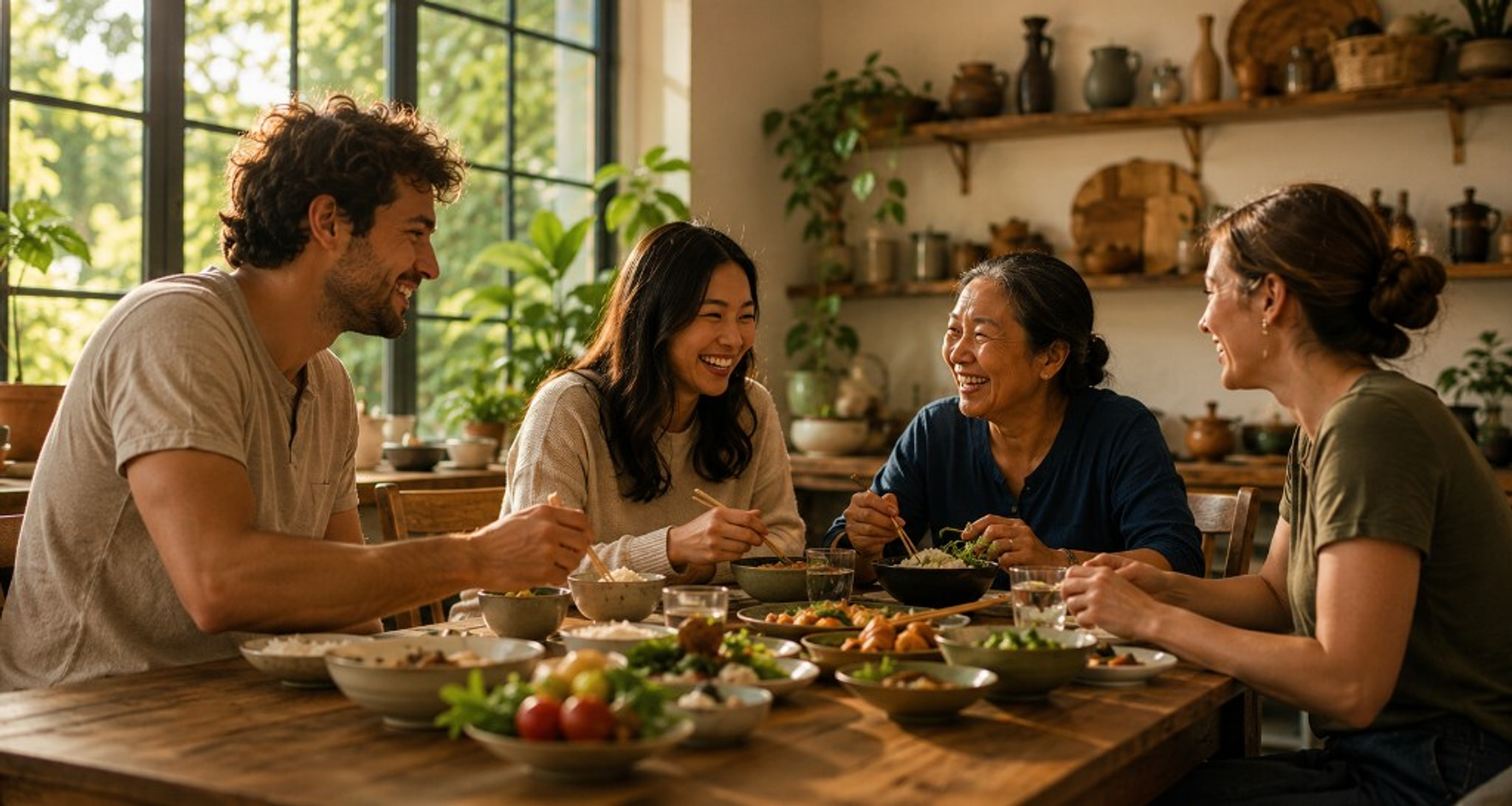 Travelers and hosts laughing together while sharing a home-cooked meal